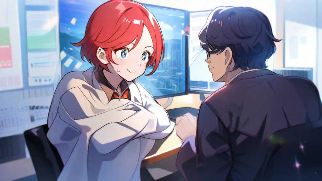 パソコンやスマホを操作しながらAIを活用している人物 「ChatGPT × 副業」や「AI時代の働き方」をイメージ