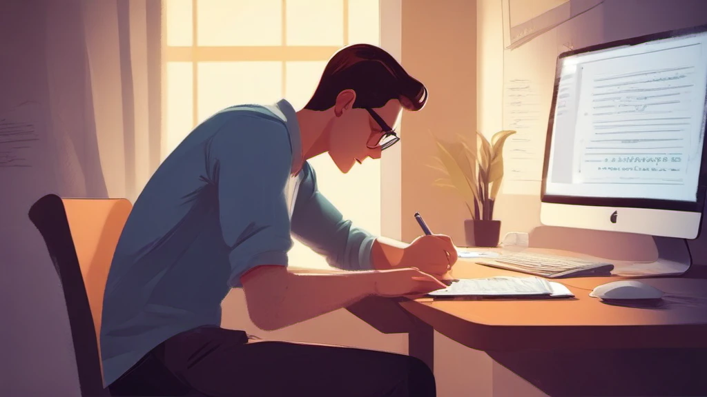 パソコンに向かって記事を書いている人