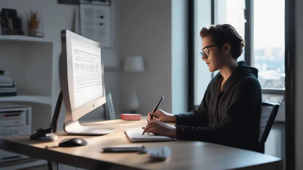パソコンに向かって記事を書いている人